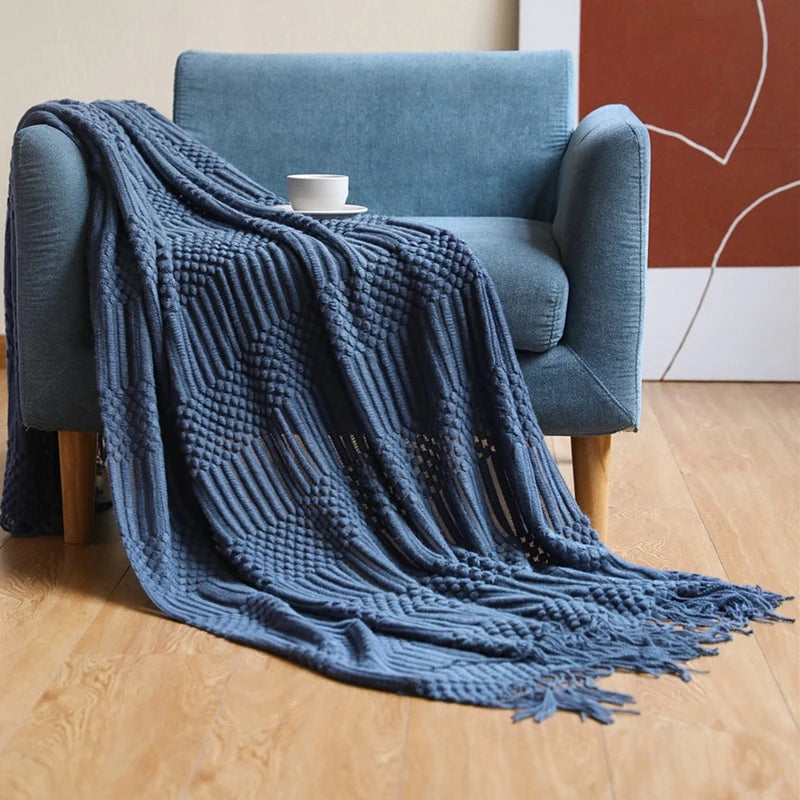 Khaki Gift Knitted Blanket with Tassels Chunky Vintage Luxury