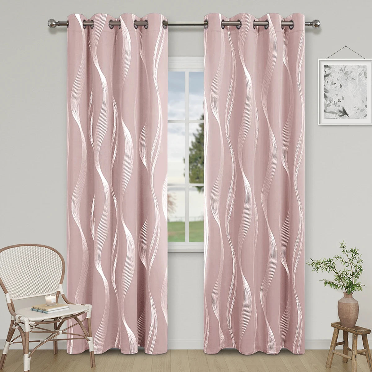 1pc High Precision Silver Embossed Wave Pattern Blackout Curtains