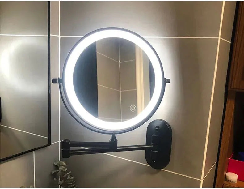 Golden Wall Mounted Folding Vanity Mirror, Double Sided with Fill Light