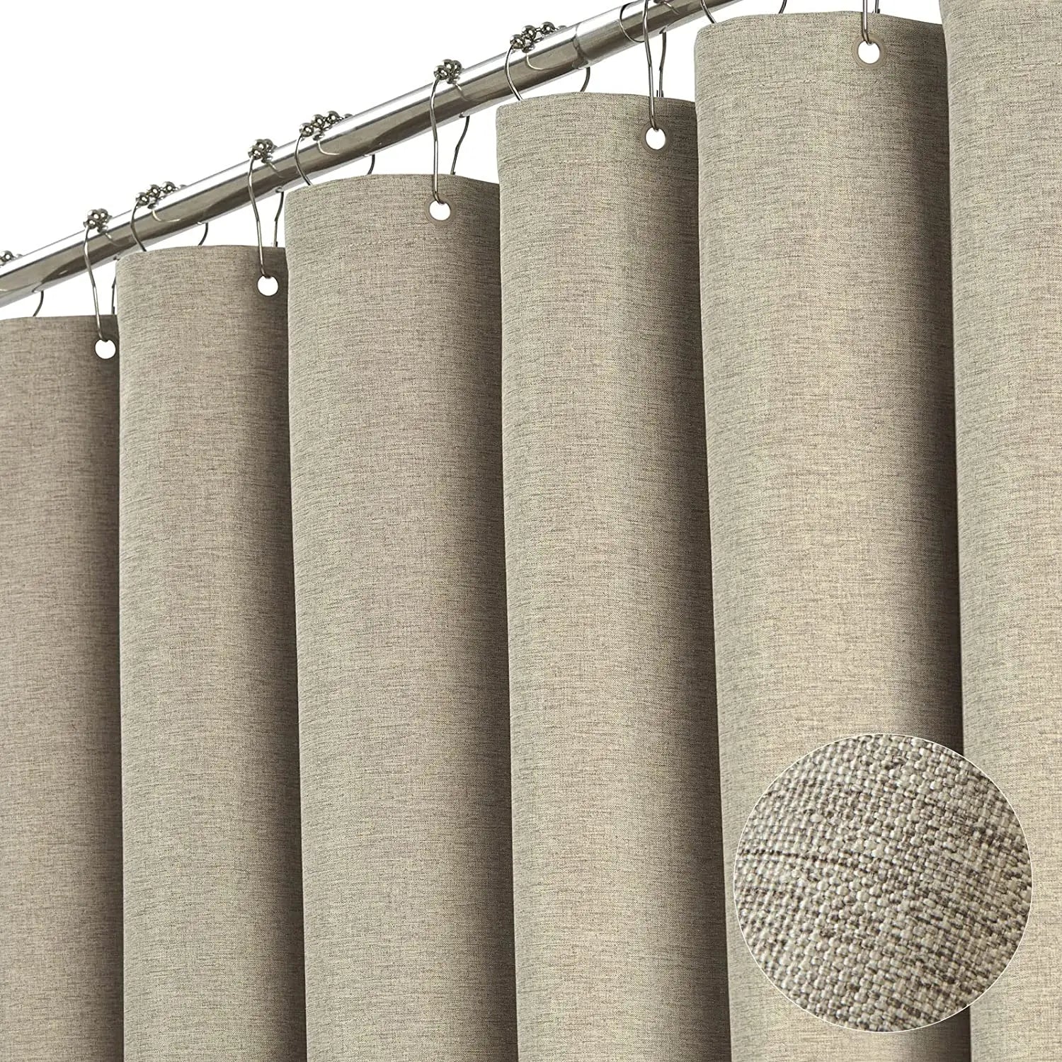 Luxury Linen Shower Curtain with Silver Metal Hooks Bathroom Waterproof
