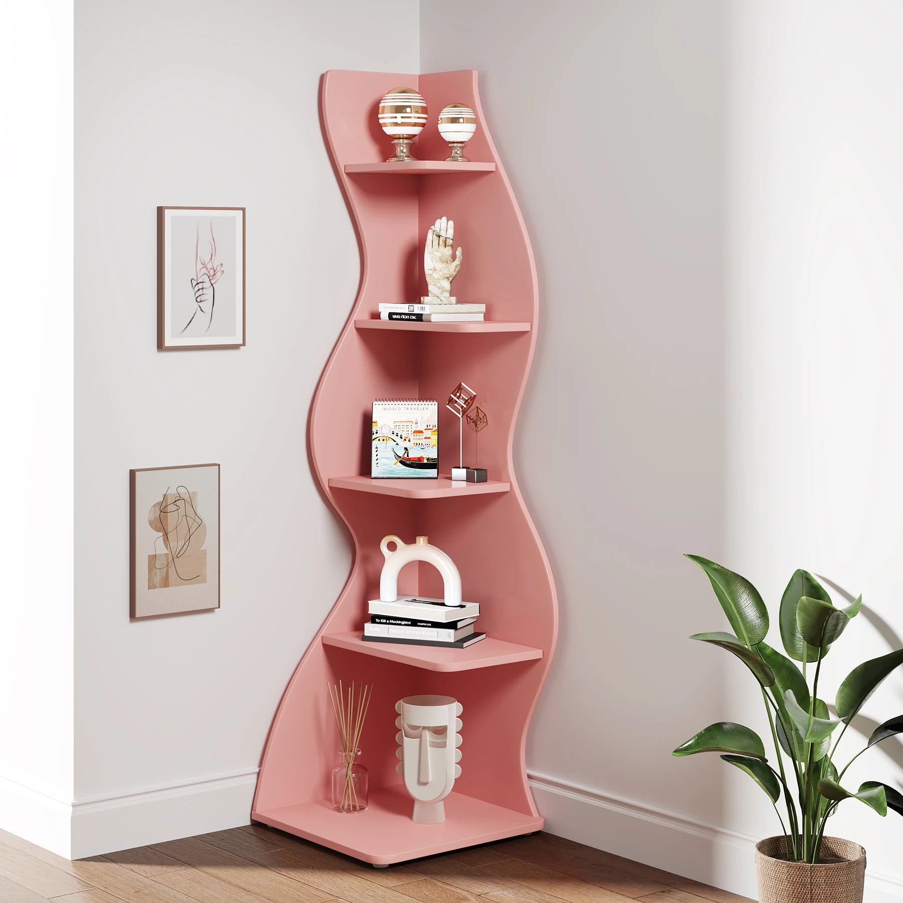 Five Tier Wavy Corner Bookshelf