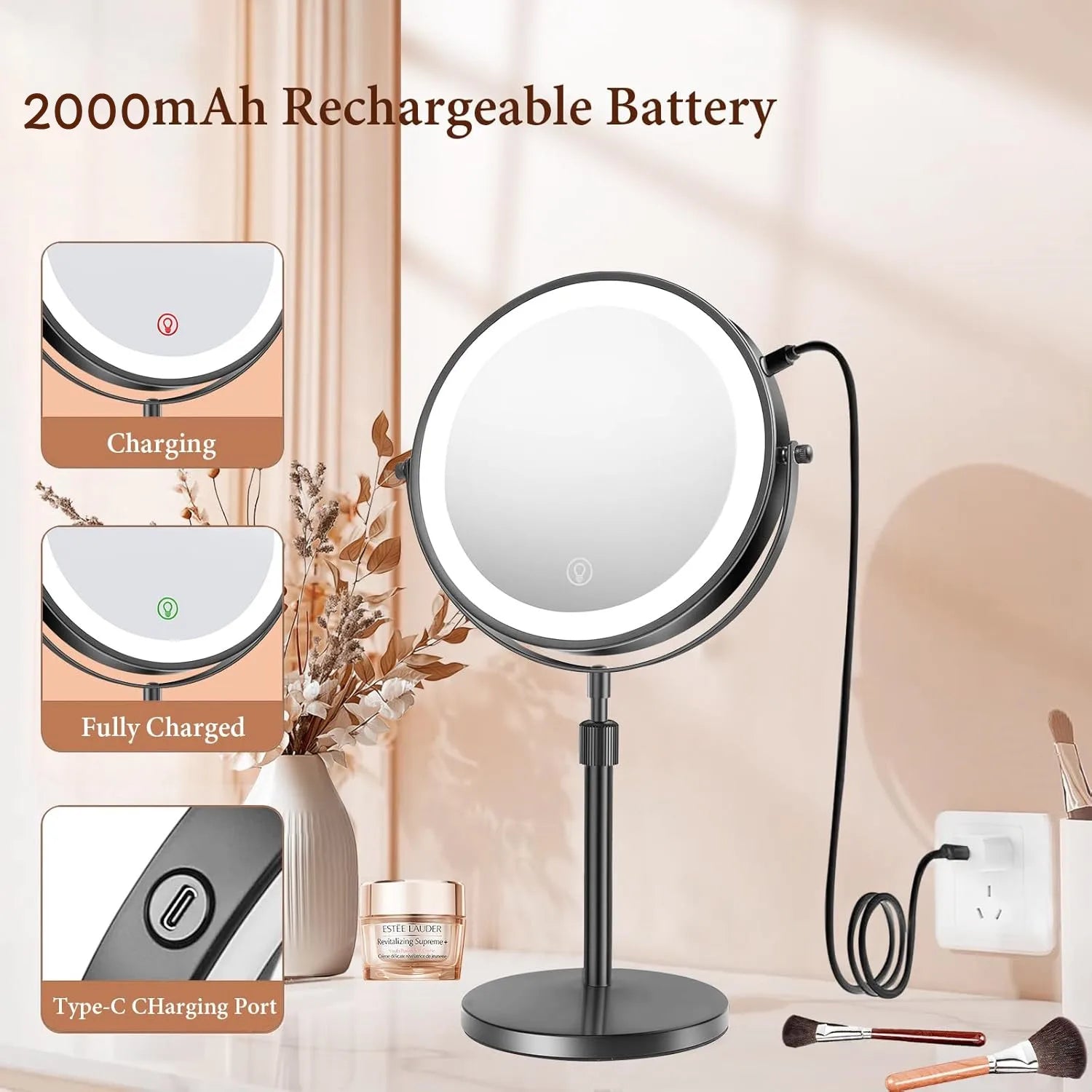 8 Inch 10X Magnifying Makeup Mirror with 3 Color Light