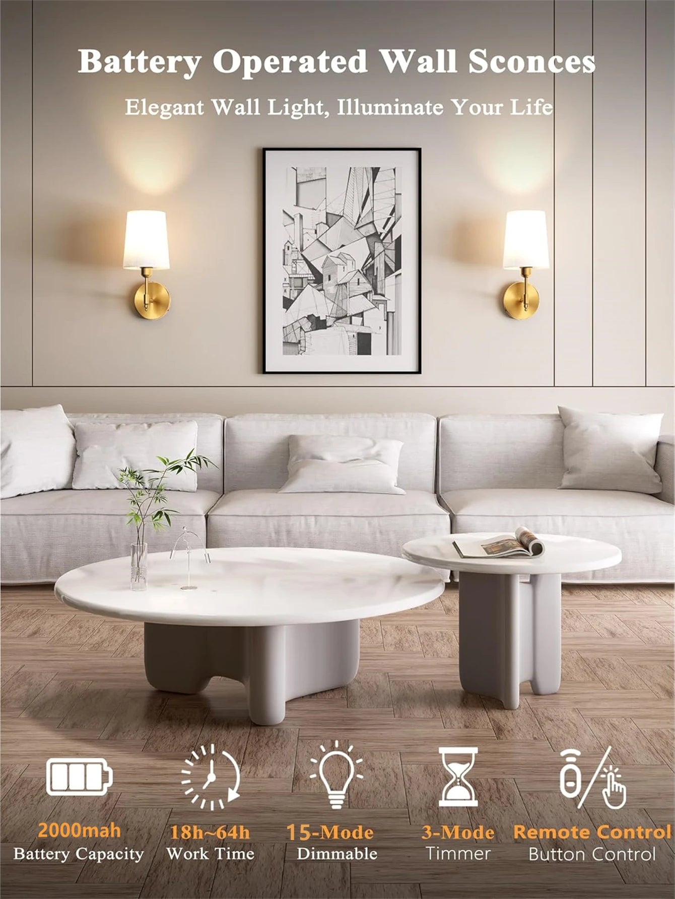 Wireless Rechargeable Battery Powered Wall Light, 4000mAh