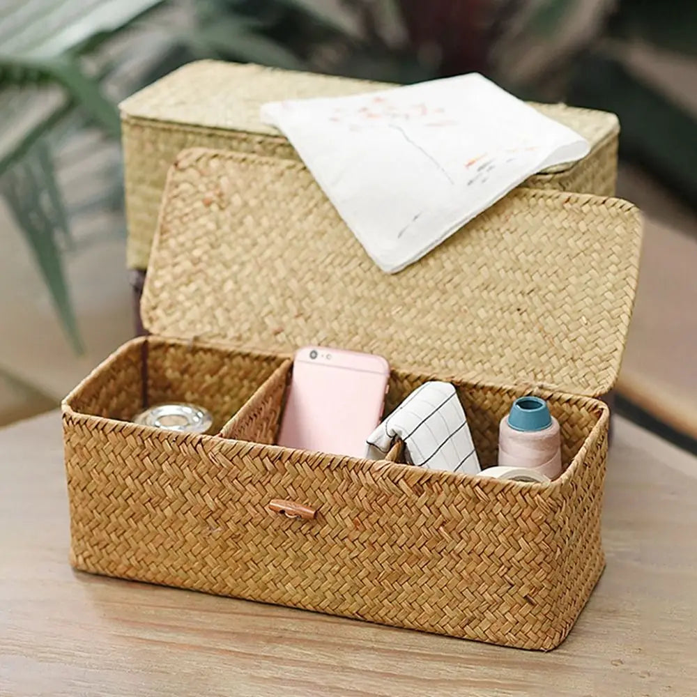 3 Compartment Woven Storage Basket with Lid