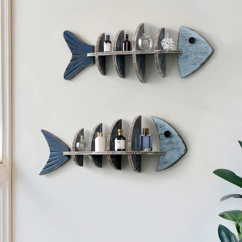 Nordic Style Wall Wooden Fish Row Shelf Decorative Pendant Wall