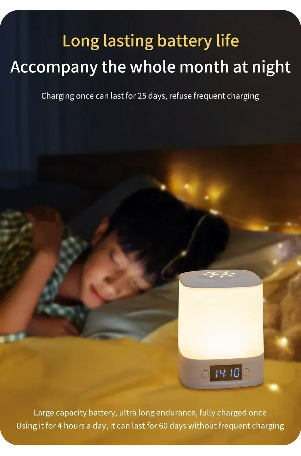Bedside Night Light Rechargeable Reading Desk Lamp with Clock Time