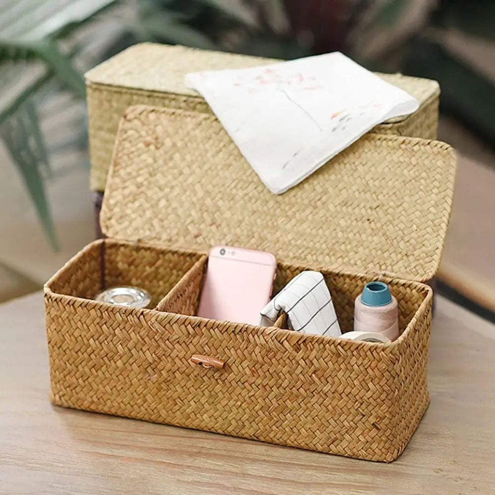 3 Compartment Woven Storage Basket with Lid