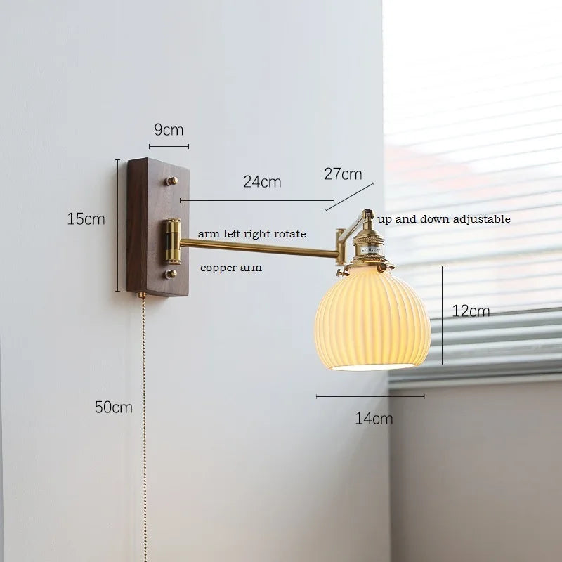 IWHD Walnut Ash Wood Canopy LED Wall Light Fixtures Pull Chain Switch Copper Arm Left Right Rotate Bedroom Beside Lamp Sconce