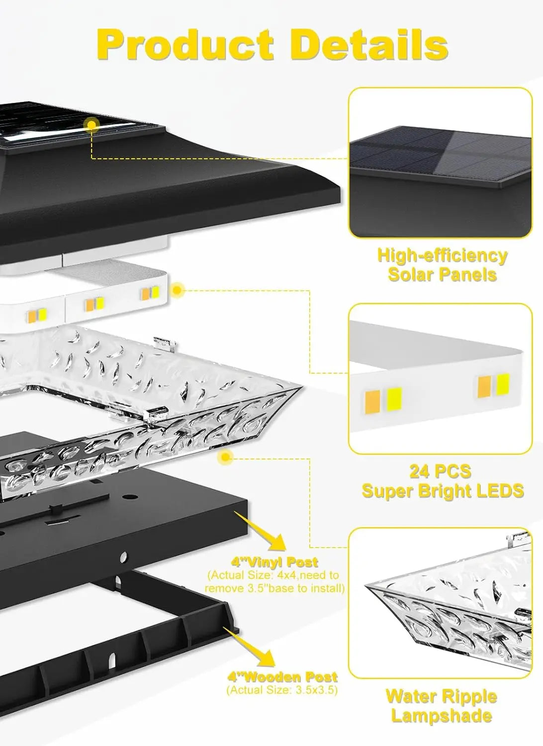2/6pcs Solar Post Lamp 3000K 6000K Outdoor Garden Fence  Pillar Head Light For Villa Gate Landscape Decoration IP65 Column Lamp