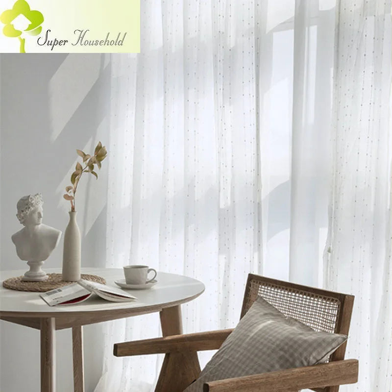 White Jacquard Window Screens Stripe Embroidered Curtains Tulle