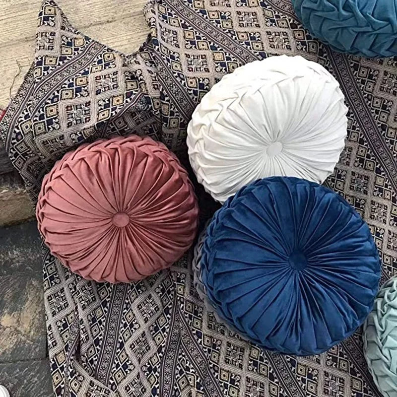 Round Throw Pillows Decorative Velvet Pleated Throw Pillows 15'' Diameter Accent Pumpkin Boho Chair Cushion for Couch Sofa Chair