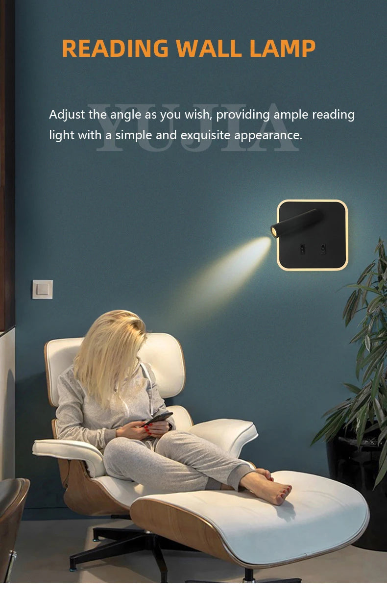 Modern Led Wall Sconce Reading Light 2 Switches Type-A & Type-C USB