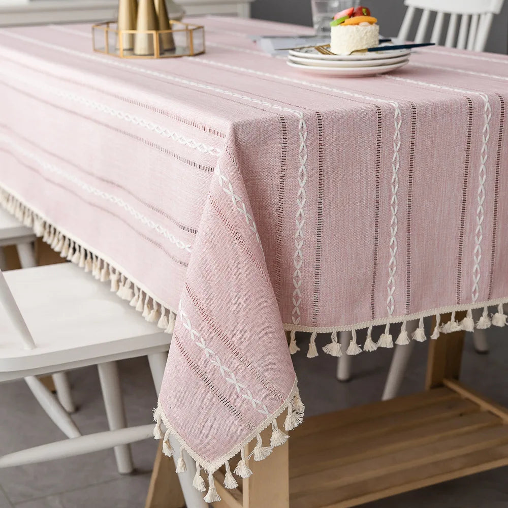 Cotton Linen Stripe Tassel Tablecloth Stain Resistant Dust-Proof Table