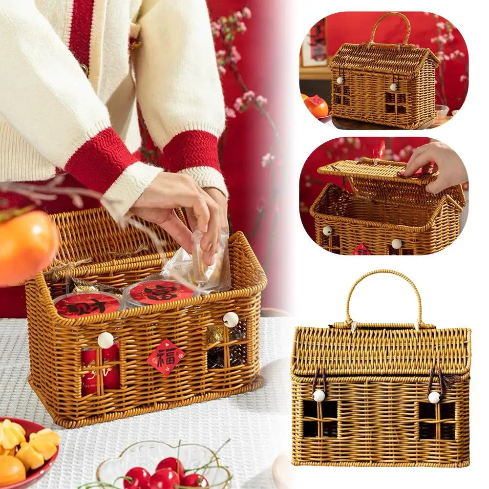 House Shaped Lidded Wicker Basket