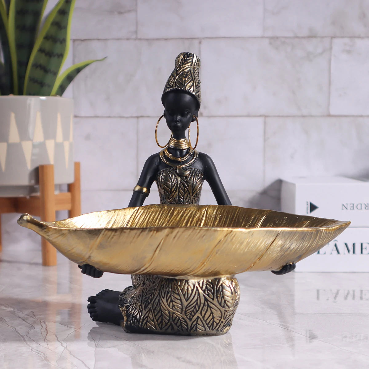 African Woman Resin Bowl Sculpture