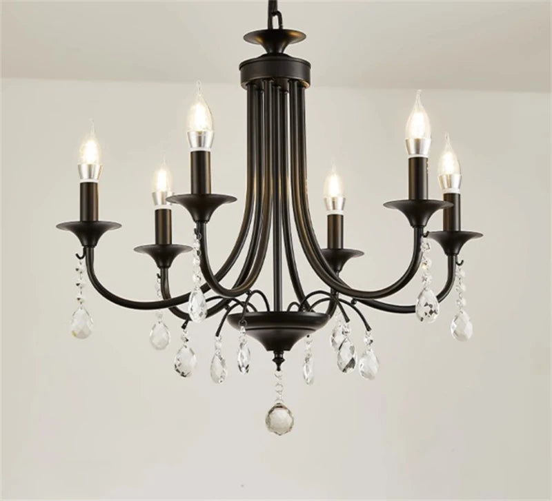 New Wrought Iron Crystal Chandelier European Classic Black Candle Lamp
