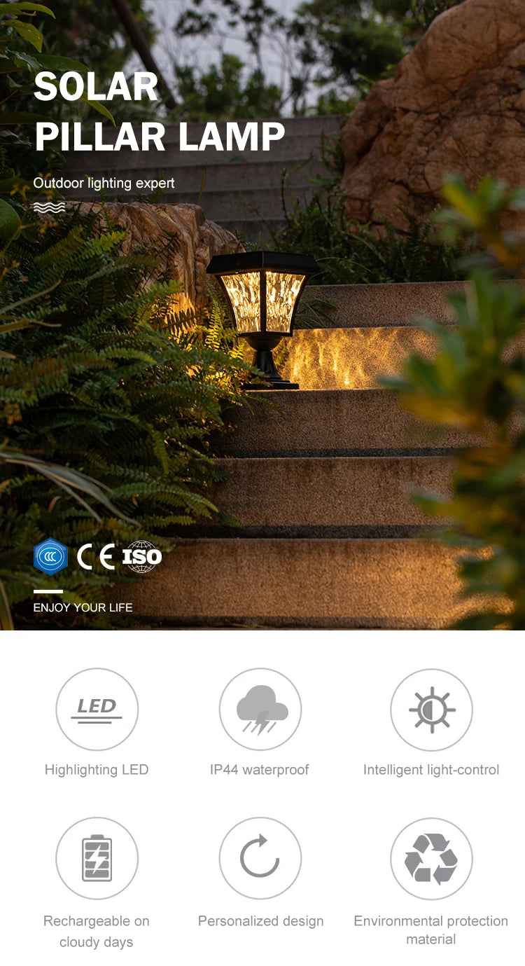 Outdoor Solar LED Post Lamp IP55 Waterproof Garden Fence Light Yard Pillar Lights Gate Fence Wall Courtyard Cottage Solar Lamp