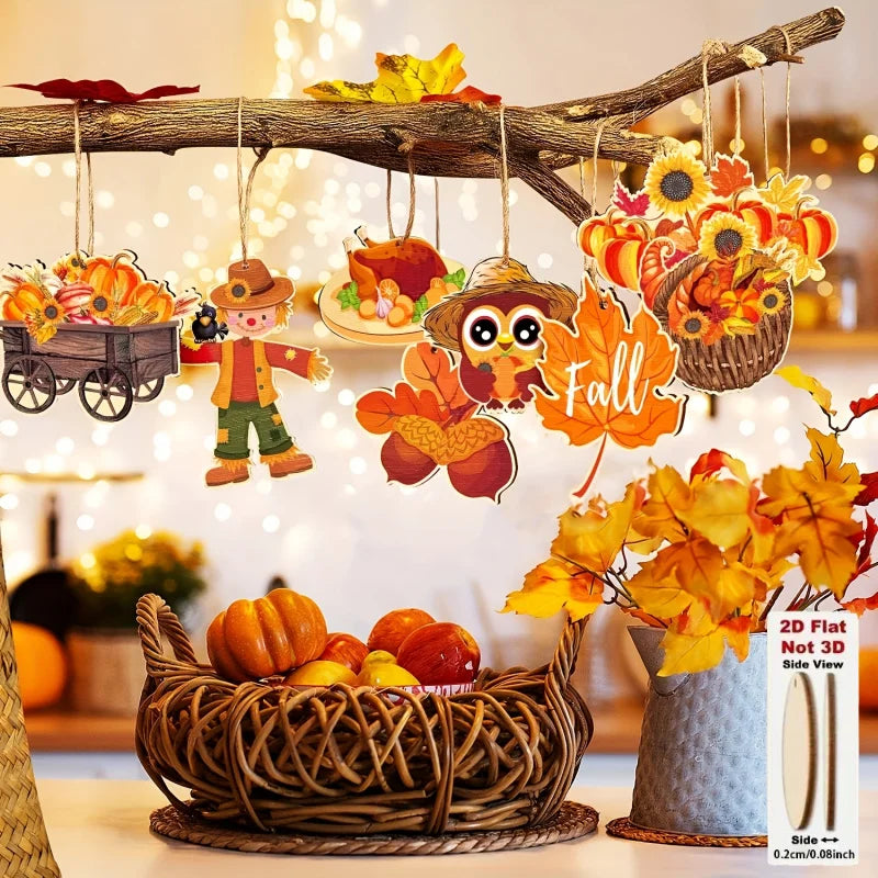 Wooden Pumpkin and Maple Leaf Hangings, Set of 10