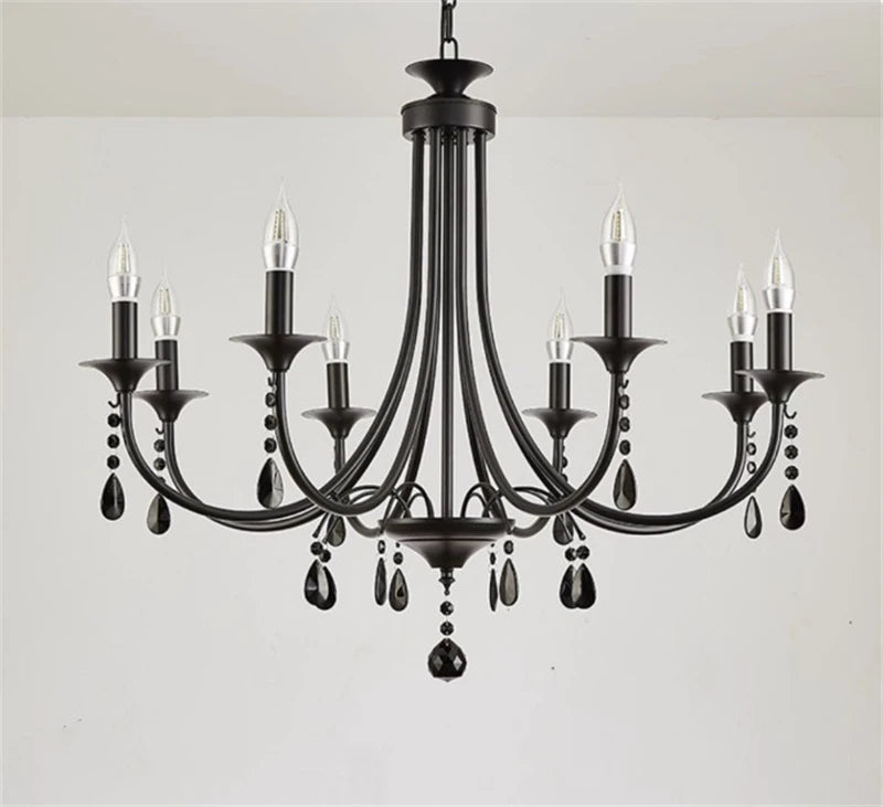 New Wrought Iron Crystal Chandelier European Classic Black Candle Lamp