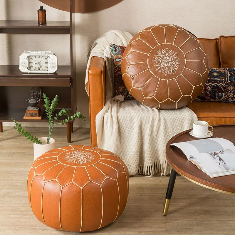 Embroidered Moroccan Leather Pouf Cover