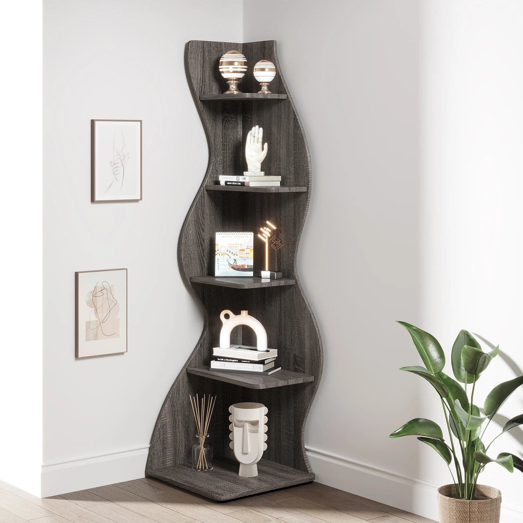 Five Tier Wavy Corner Bookshelf