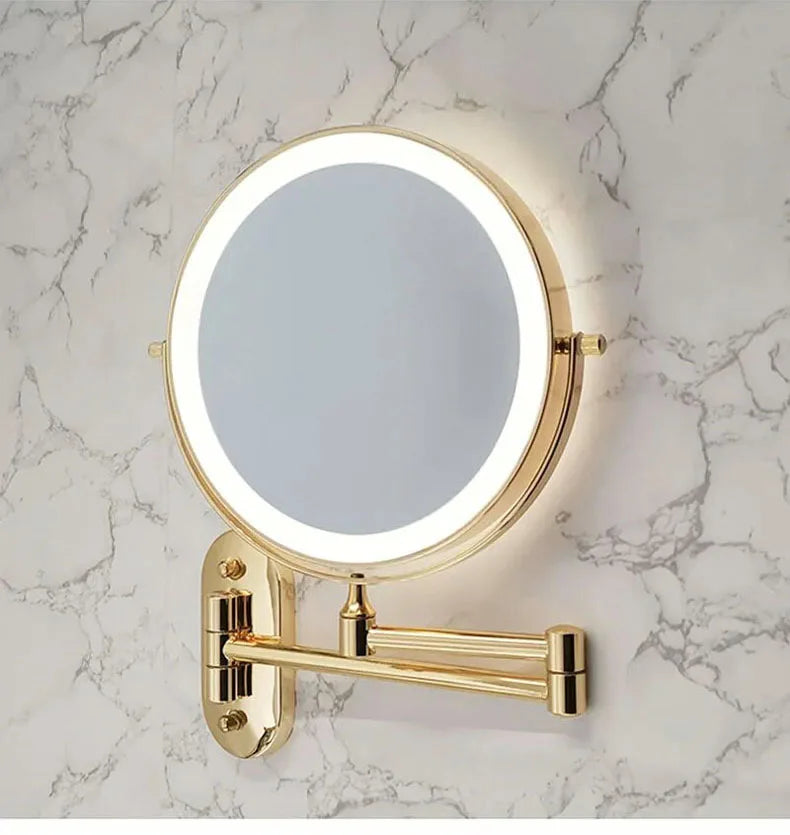 Golden Wall Mounted Folding Vanity Mirror, Double Sided with Fill Light