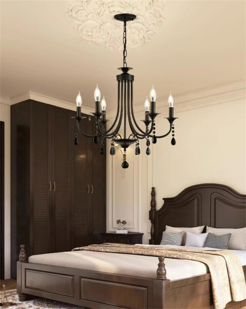 New Wrought Iron Crystal Chandelier European Classic Black Candle Lamp