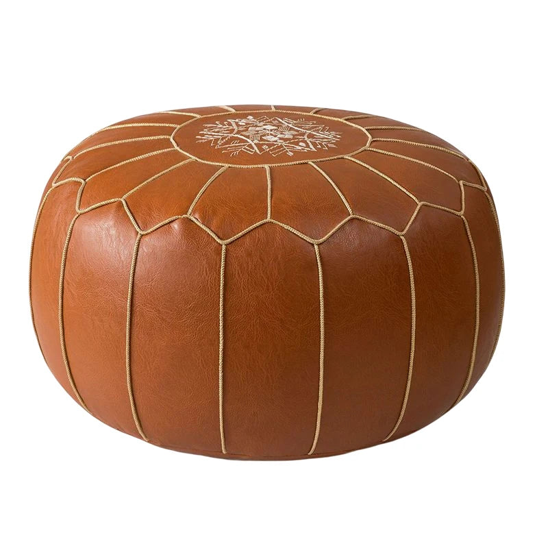 Embroidered Moroccan Leather Pouf Cover