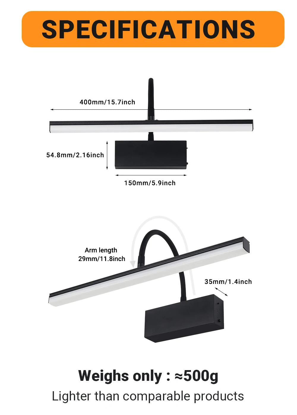 Rechargeable LED Wall Lamp Flexible Adjustable Wall Light Fixtures 40cm