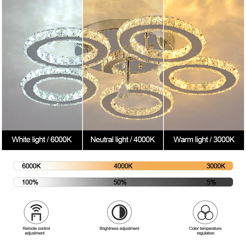 Modern K9 Led Crystal Ceiling Lamp Smart Chandelier Pendant Light Ring