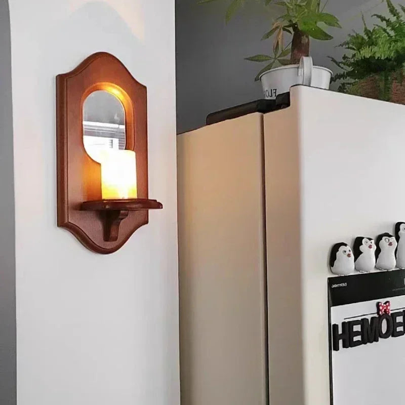 Vintage Solid Wood Wall Mirror with Shelf and Candlestick