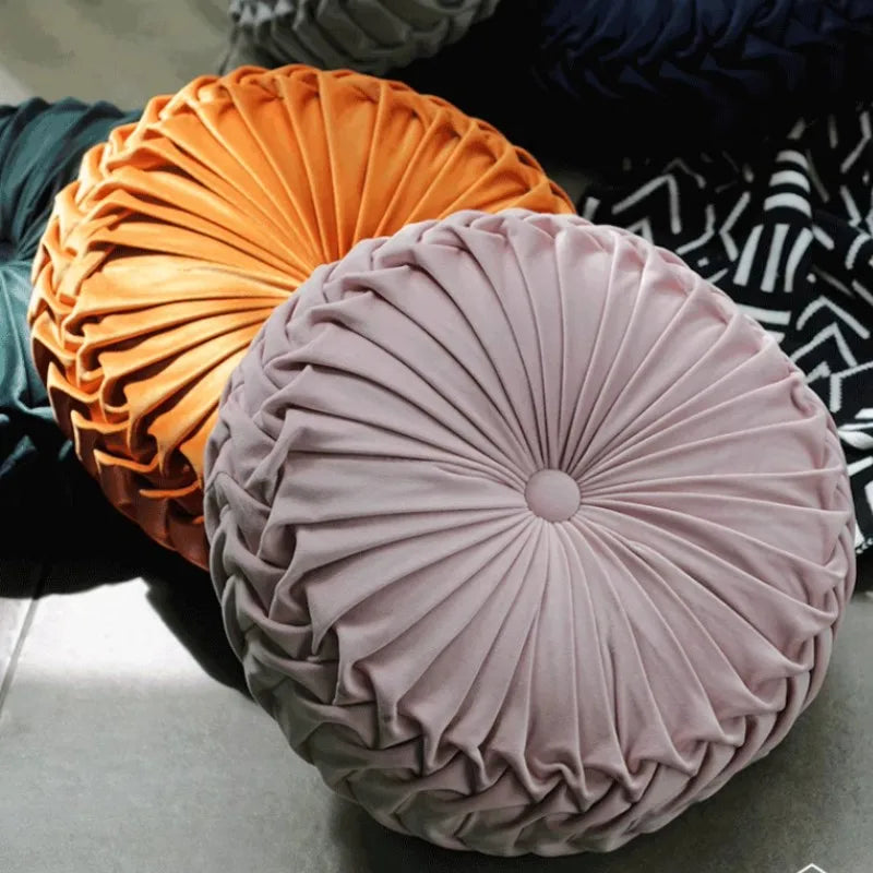 Round Throw Pillows Decorative Velvet Pleated Throw Pillows 15'' Diameter Accent Pumpkin Boho Chair Cushion for Couch Sofa Chair