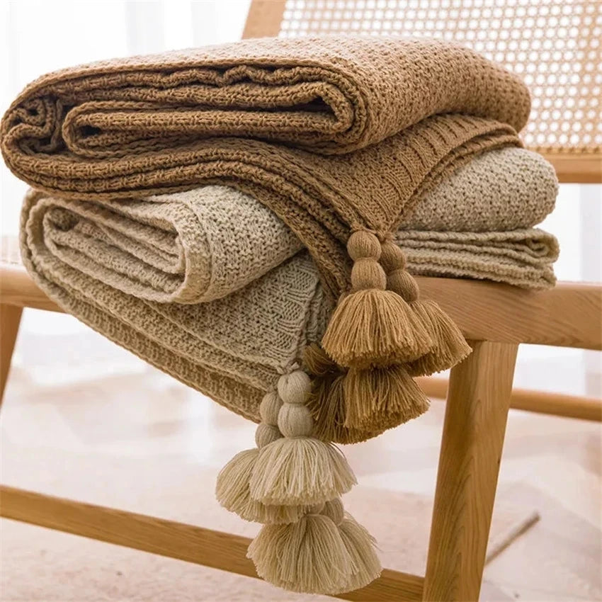 Nordic Chunky Knit Bedspread Knitted Throw Blanket with Tassel