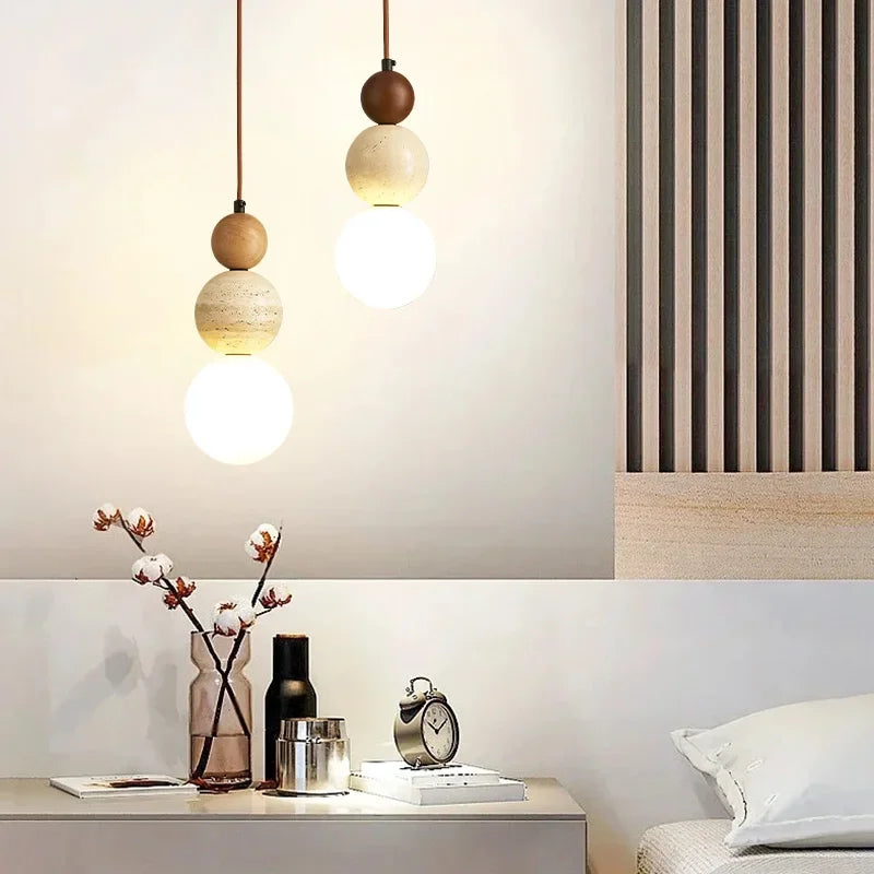 Cream Style Pendant Lamp Bedroom Bedside Led Chandelier Stone Wood