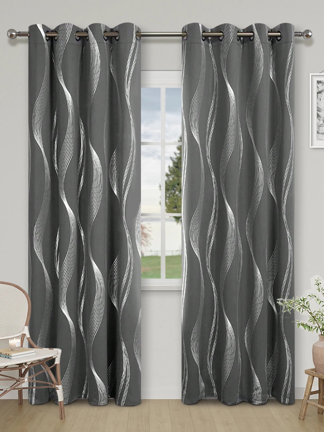 1pc High Precision Silver Embossed Wave Pattern Blackout Curtains