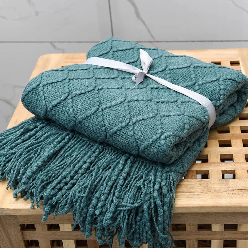 Khaki Gift Knitted Blanket with Tassels Chunky Vintage Luxury