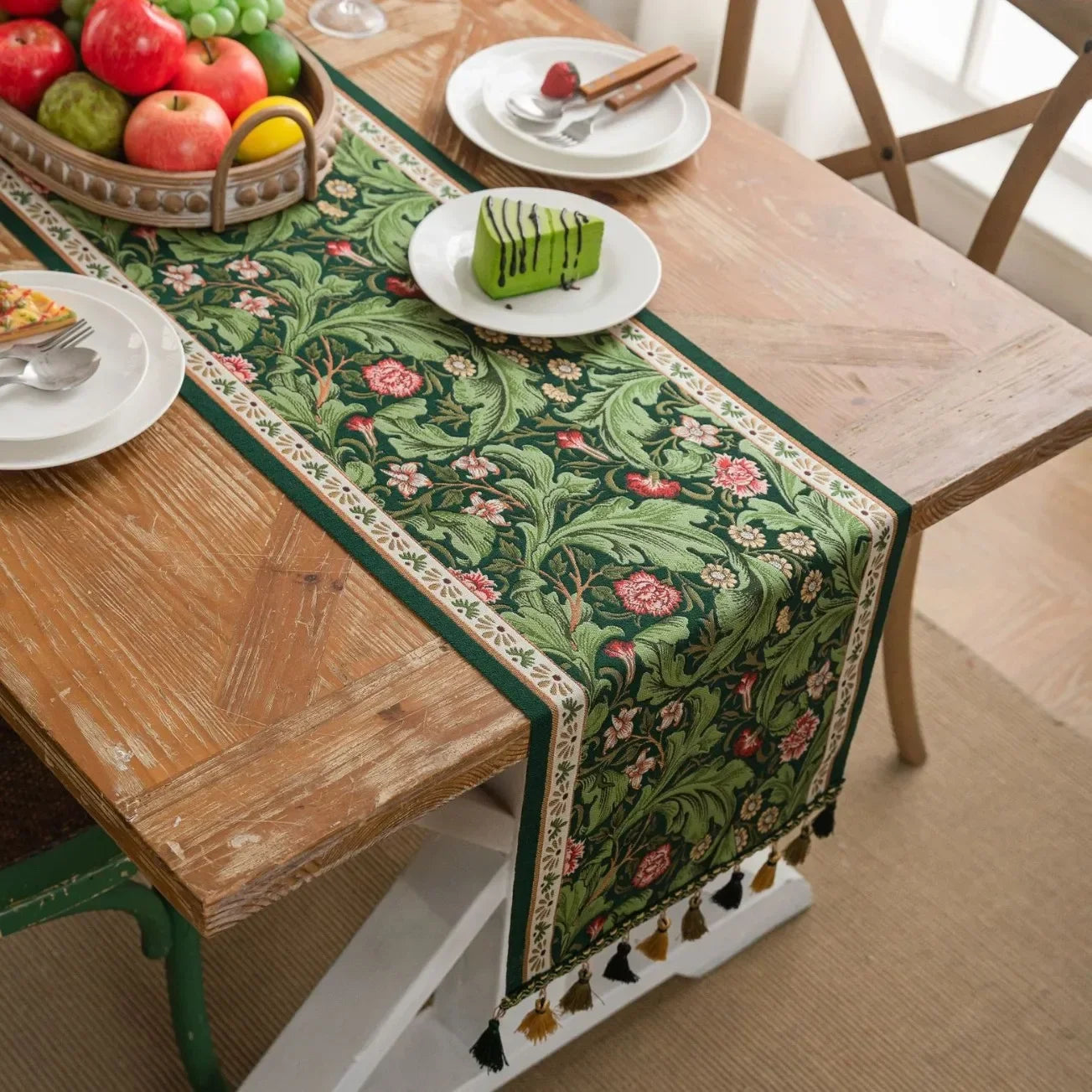 Plant Flower Table Runner with Tassels Jacquard Living Room Cabinet