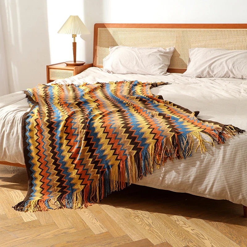 Boho Striped Knit Throw Blanket