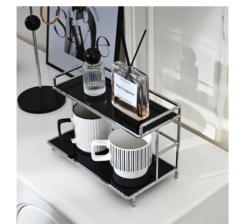 Metal Desktop Layered Storage Rack, Double-Layer Desk Organizer, Water Cup and Coffee Cup Storage Rack, Bathroom Cosmetics Organizer, Suitable for Living Room, Entryway, Kitchen, and Bathroom