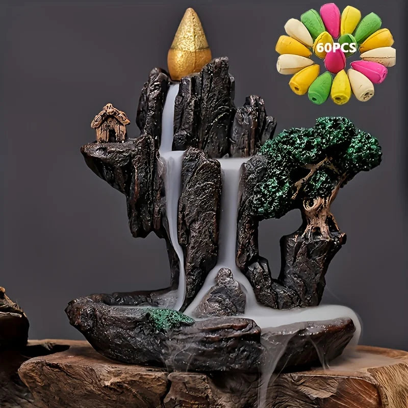 Mountain River Waterfall Backflow Incense Burner with 60 Cones