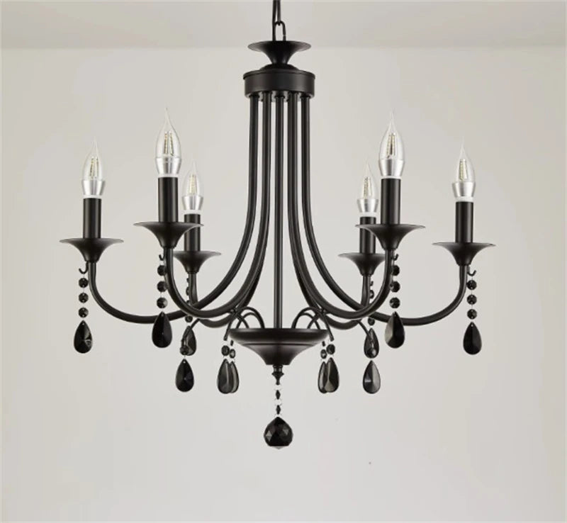 New Wrought Iron Crystal Chandelier European Classic Black Candle Lamp