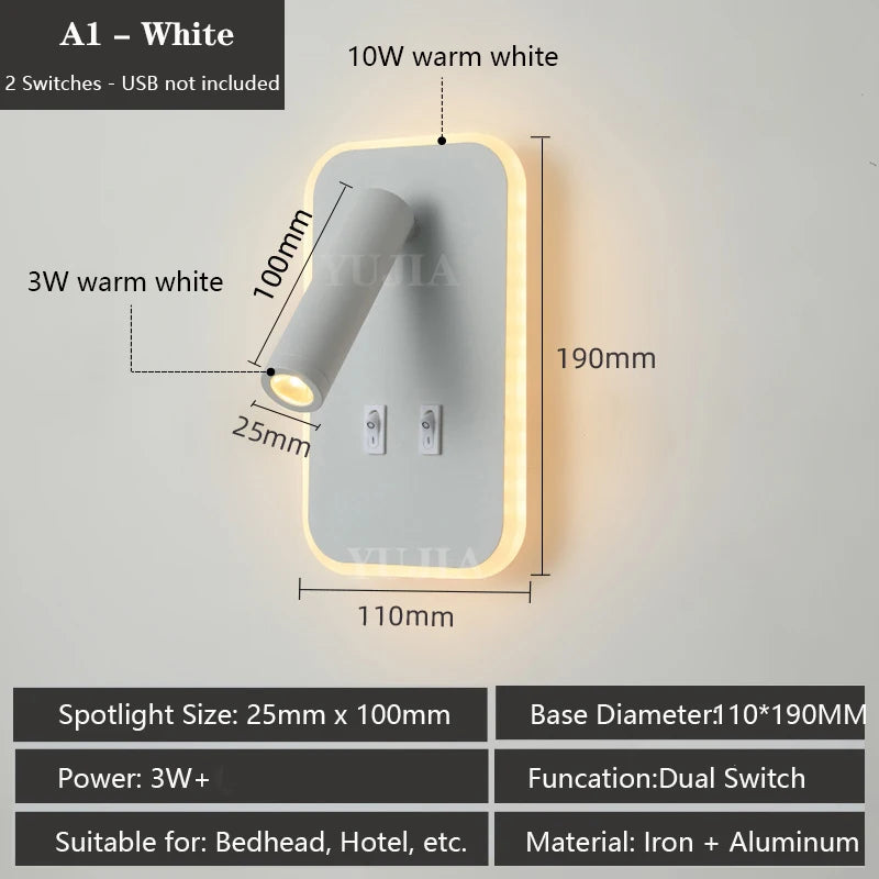 Modern Led Wall Sconce Reading Light 2 Switches Type-A & Type-C USB