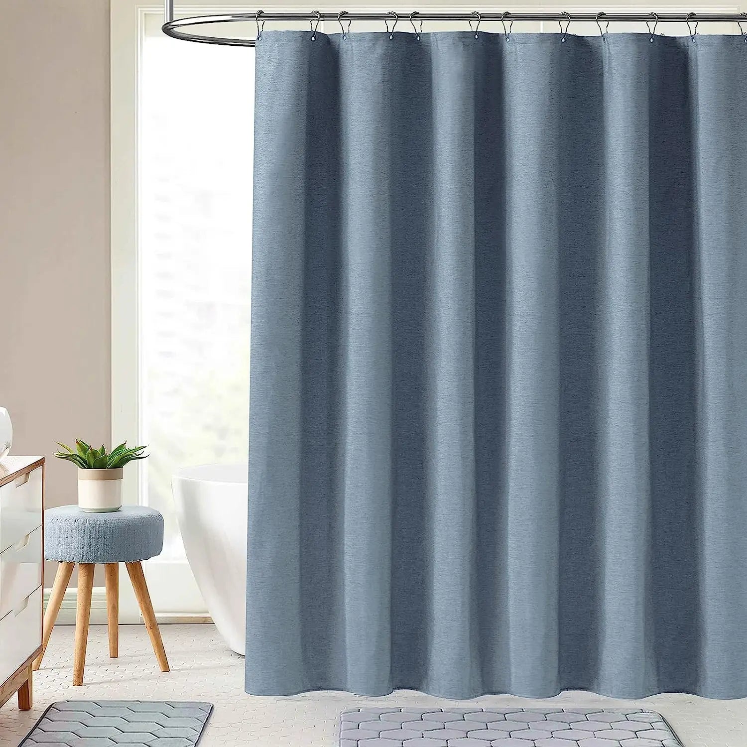 Luxury Linen Shower Curtain with Silver Metal Hooks Bathroom Waterproof