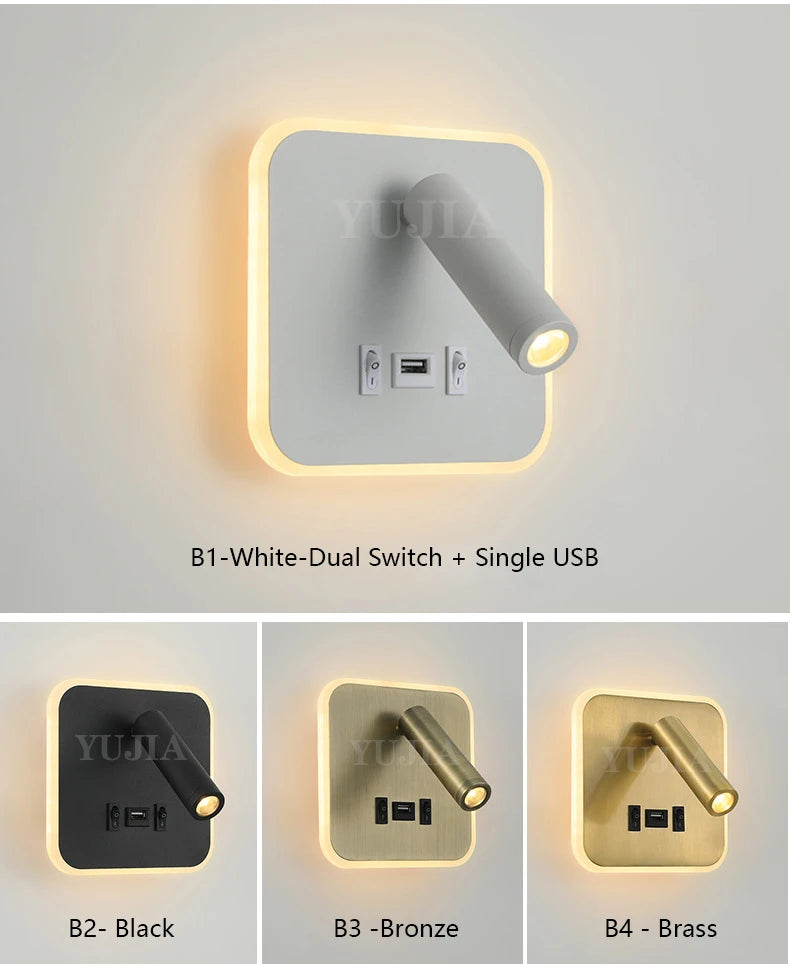 Modern Led Wall Sconce Reading Light 2 Switches Type-A & Type-C USB