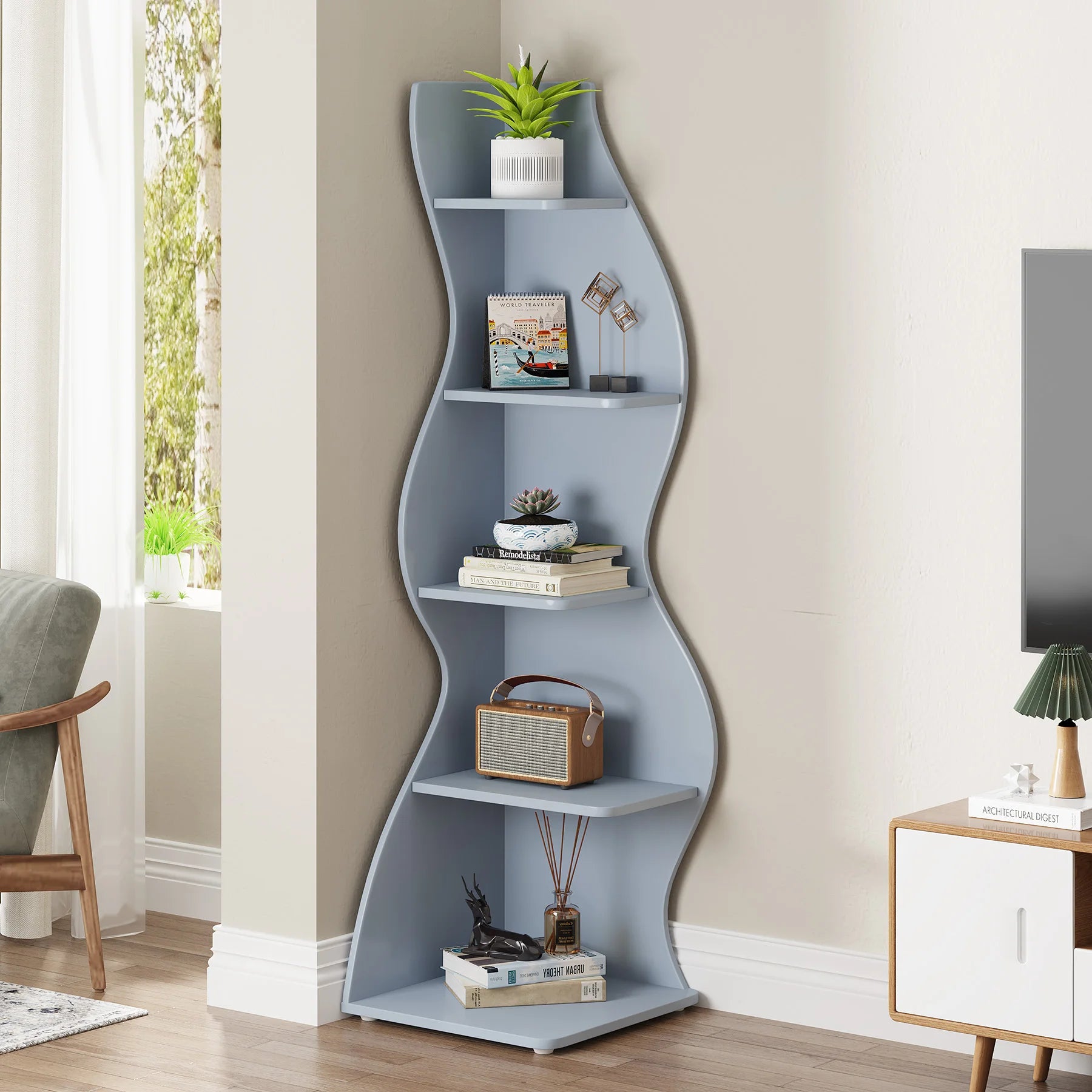 Five Tier Wavy Corner Bookshelf