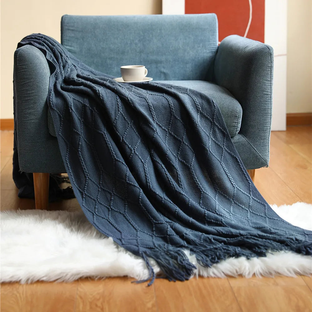 Khaki Gift Knitted Blanket with Tassels Chunky Vintage Luxury