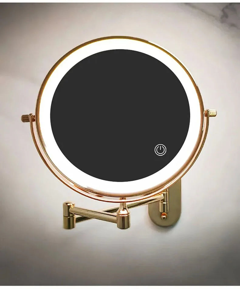 Golden Wall Mounted Folding Vanity Mirror, Double Sided with Fill Light