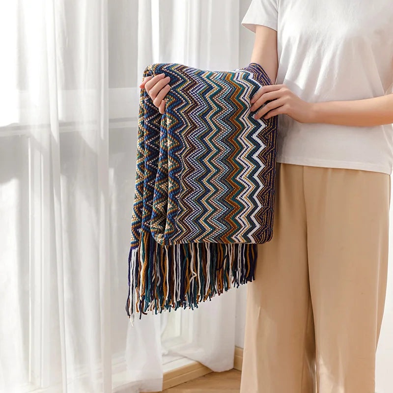 Boho Striped Knit Throw Blanket