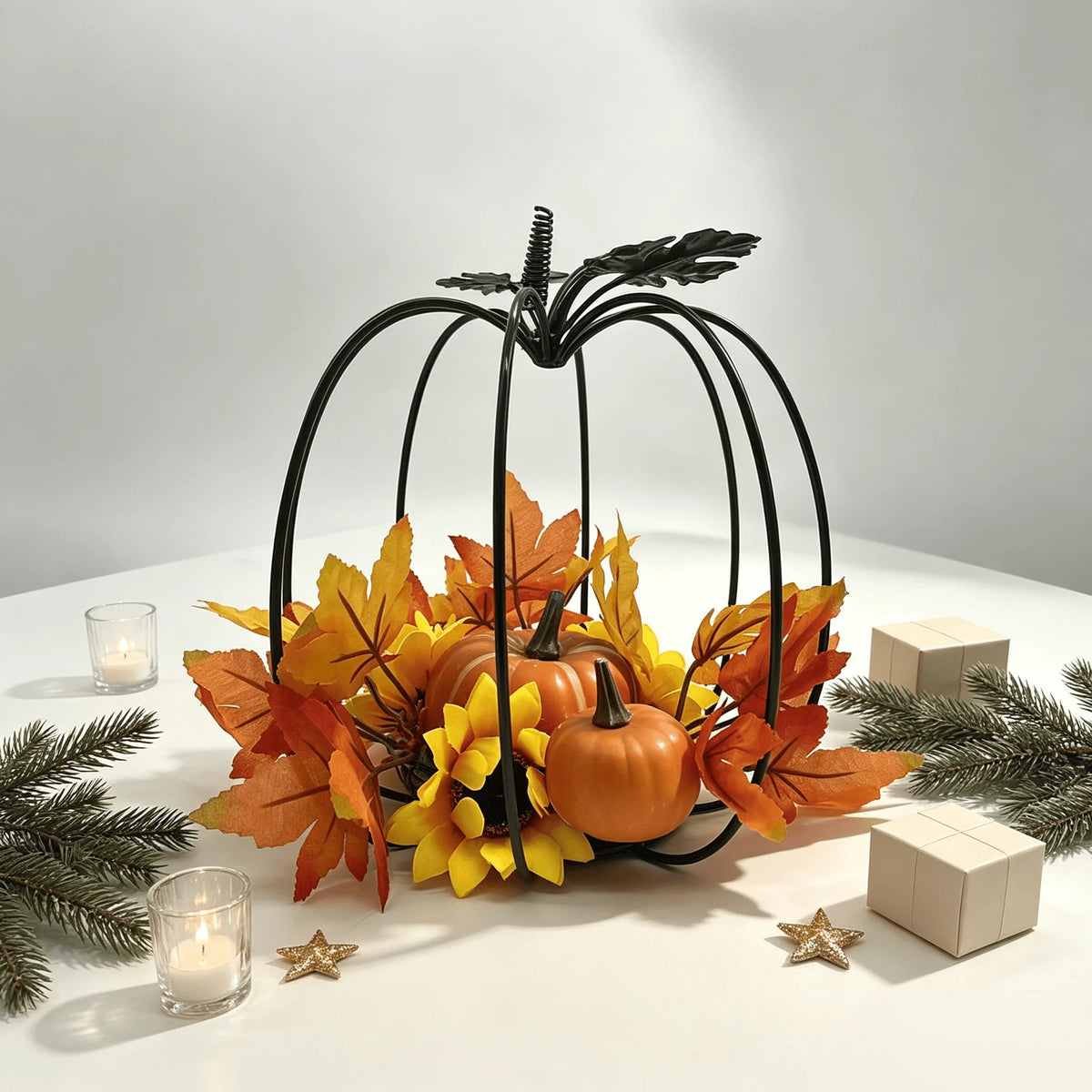 Iron Pumpkin with Maple Leaf and Sunflower