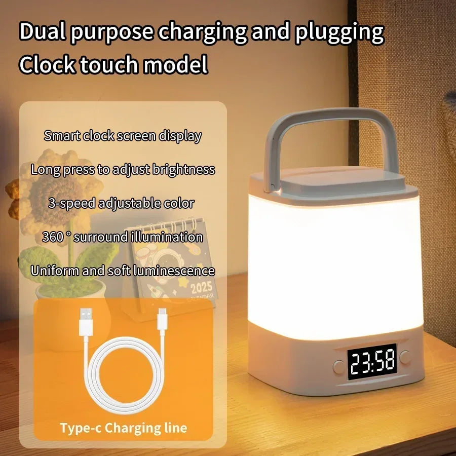 Bedside Night Light Rechargeable Reading Desk Lamp with Clock Time